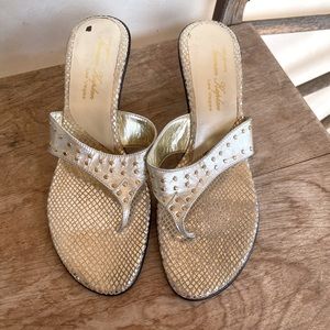 NORMAN KAPLAN Los Vegas Gold Snake Embossed & Studded Leather Heels Sz 9 NEW!!!